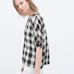 Zara Black/ White Linen Gingham Button Back Shirt